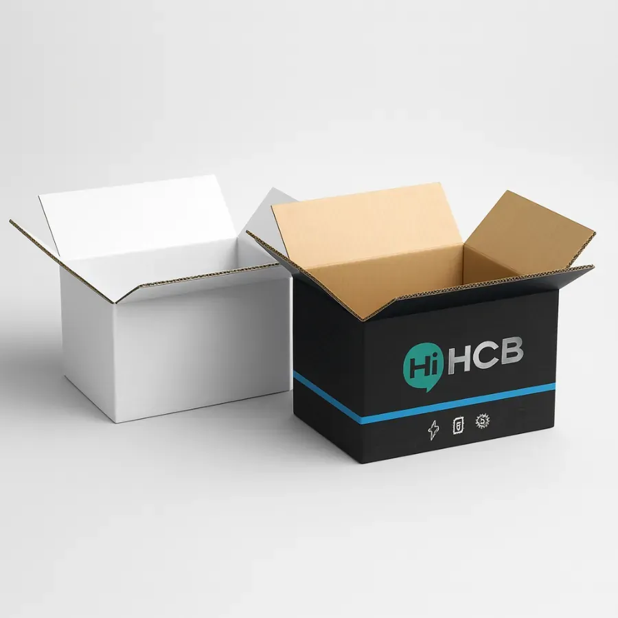 Custom cardboard cell phone battery packaging boxes- including a plain white corrugated box and a black branded box with -Hi HCB- logo and blue accents class=